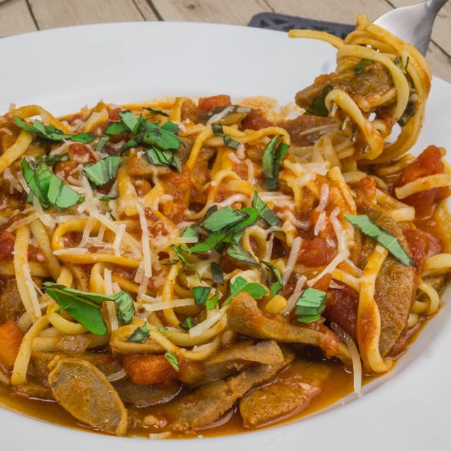 Spaghetti with Hot Italian Sausage and Mushrooms.