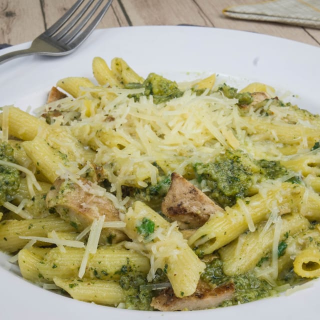Penne Pasta with Spicy Pesto & Grilled Chicken.